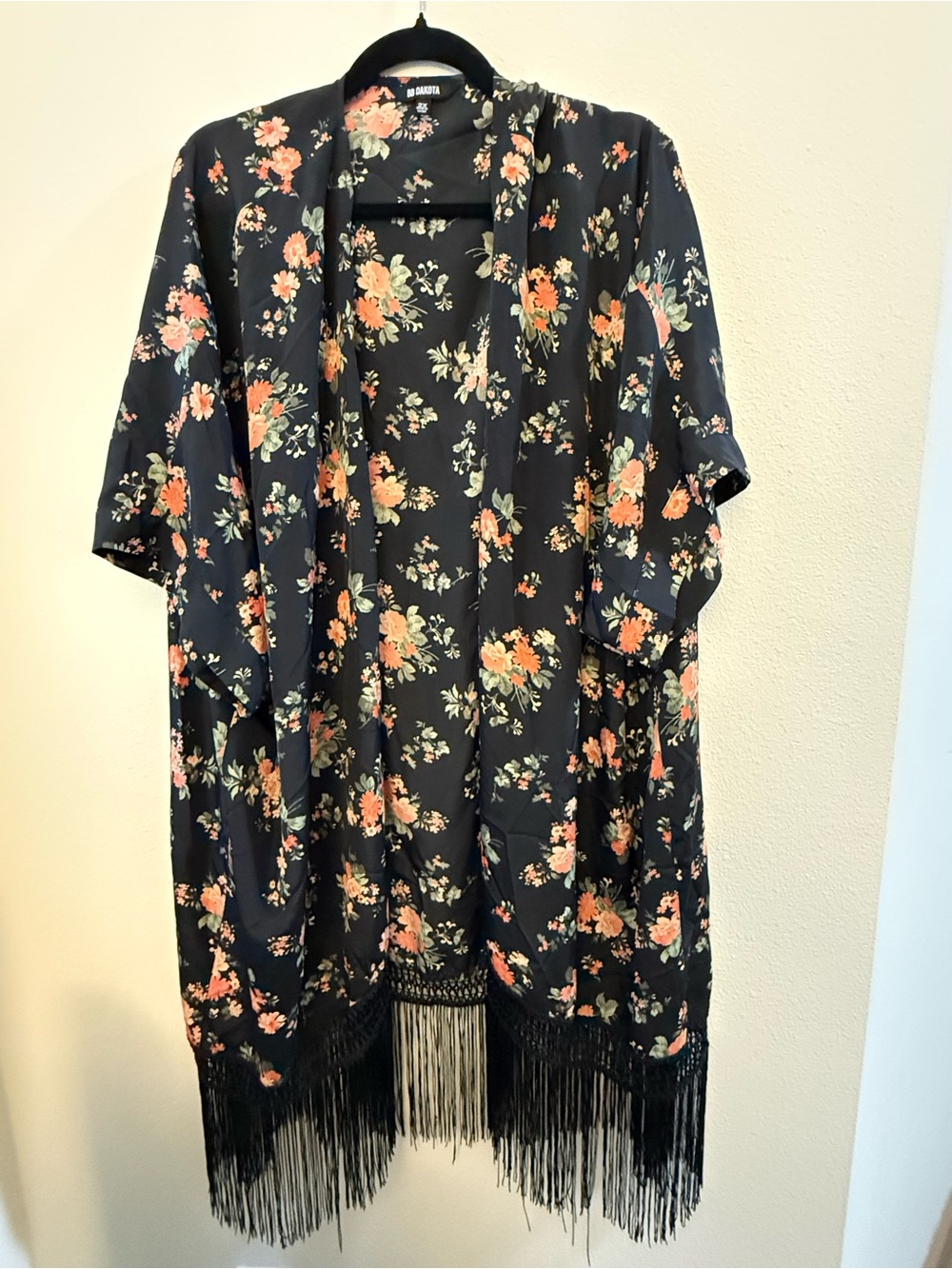 BB Dakota Black Floral Fringe Kimono